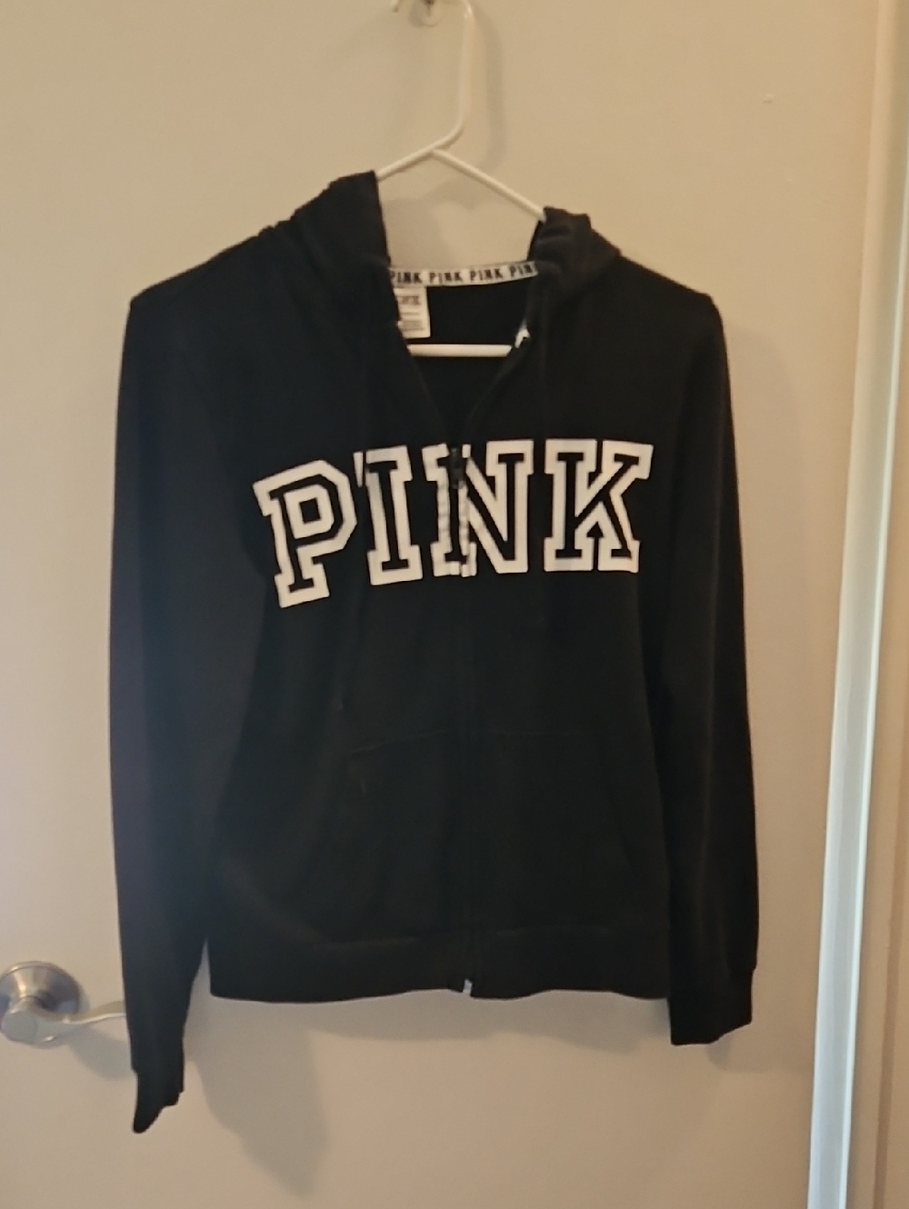 PINK Victoria's Secret Black Zip-Up Hoodie with White Lettering